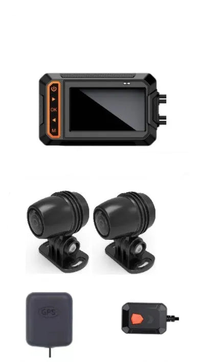 MT65 motorcycle camera with 3-inch display shown mounted on a bike armrest