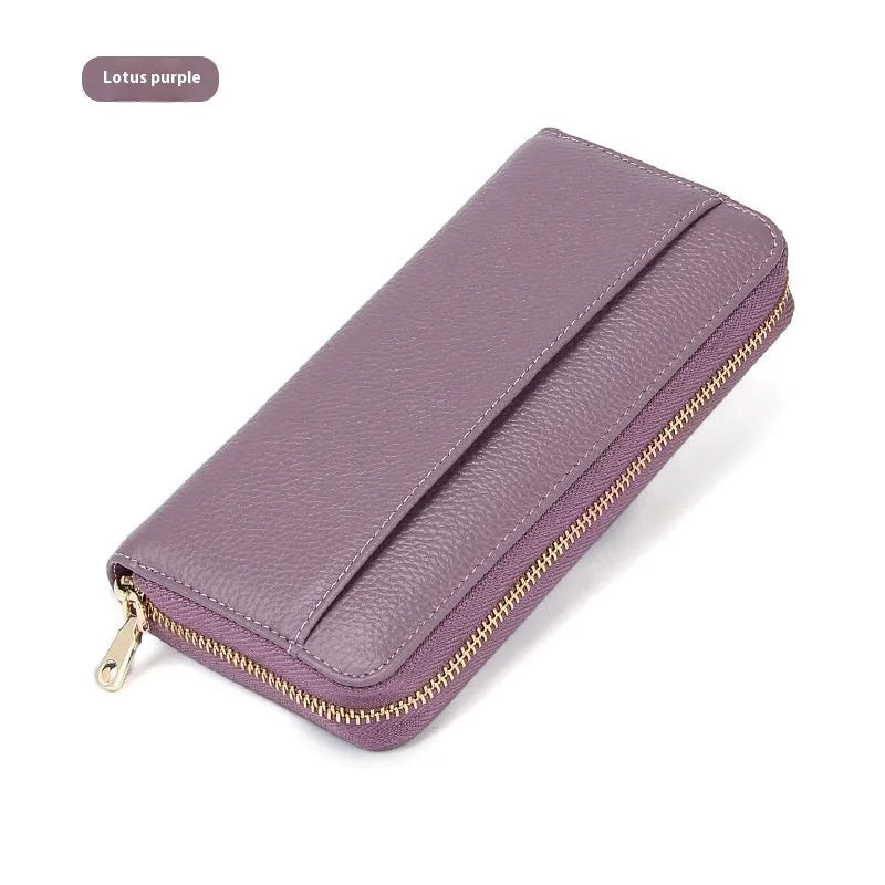 Genuine leather long bifold wallet for women in multiple solid colours showing bifold design.