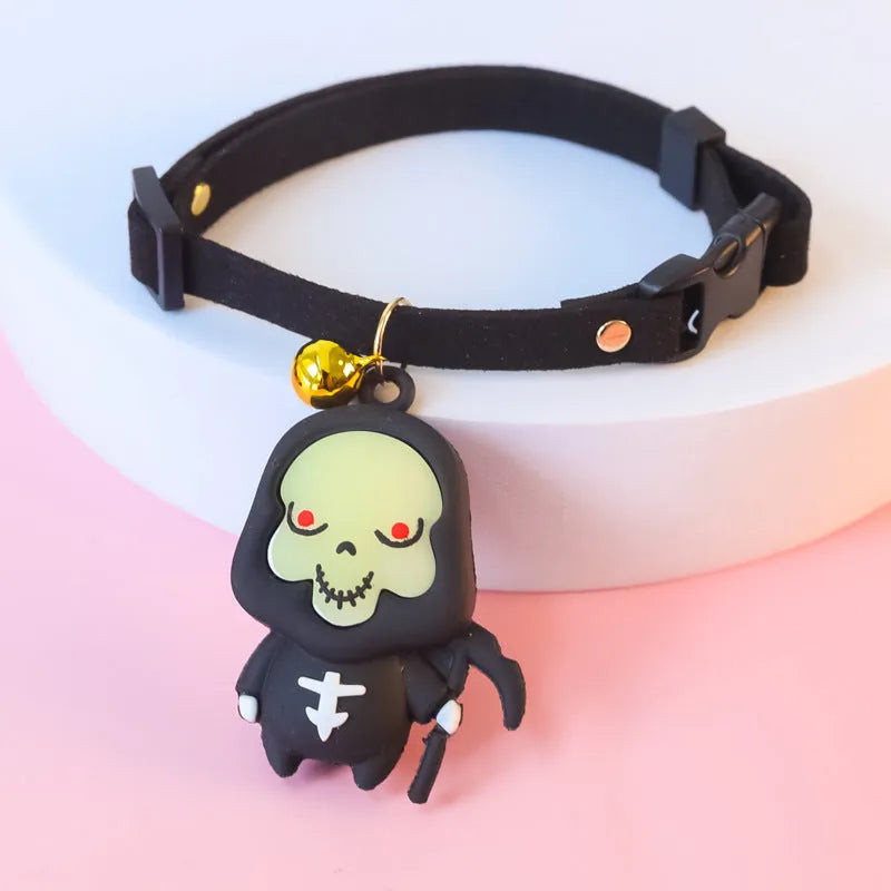 Halloween pet collar decoration on a dog, showing luminous skull pattern and adjustable polyester band.