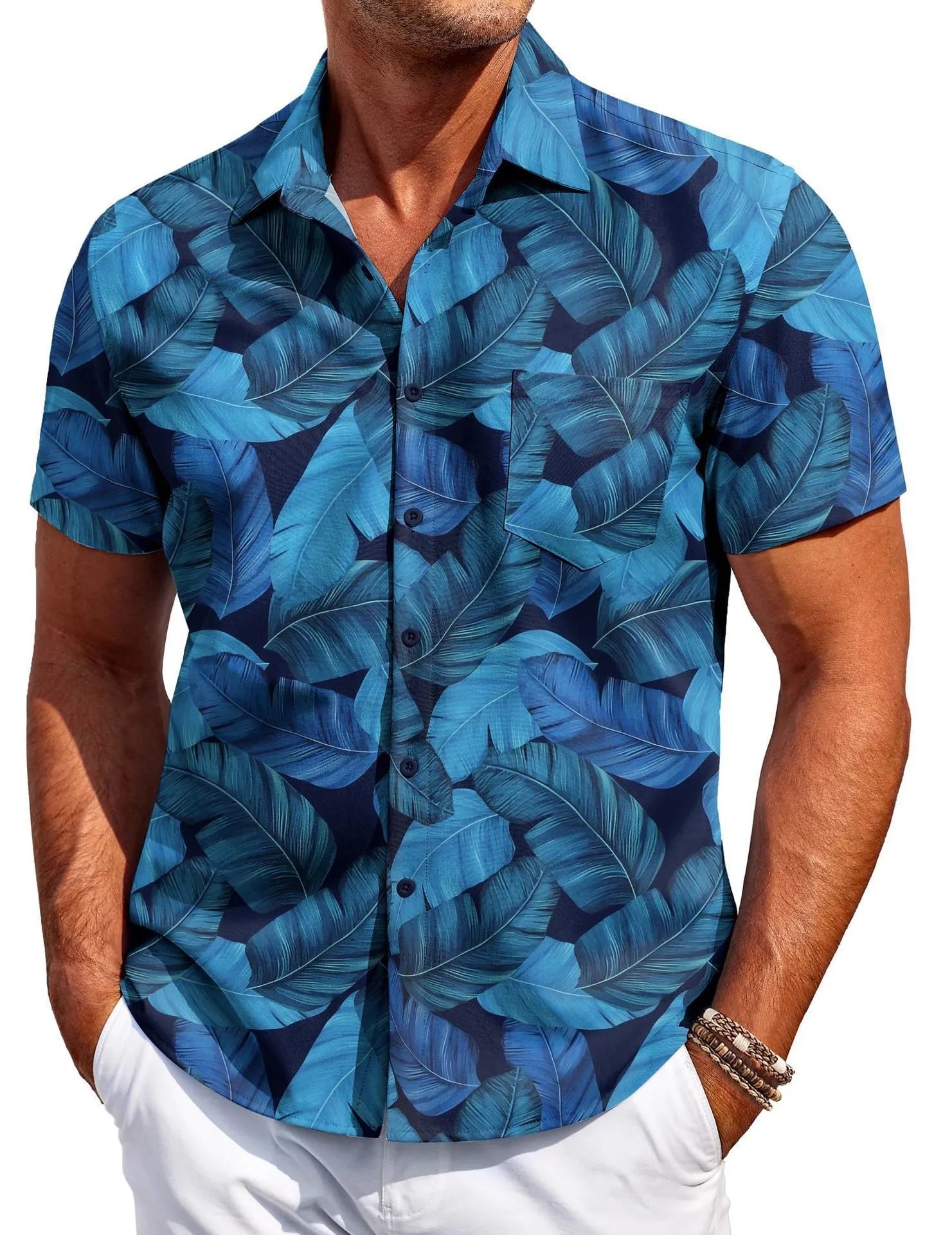 Men's slim fit short sleeve Hawaiian shirt cardigan in elastic polyester fabric
