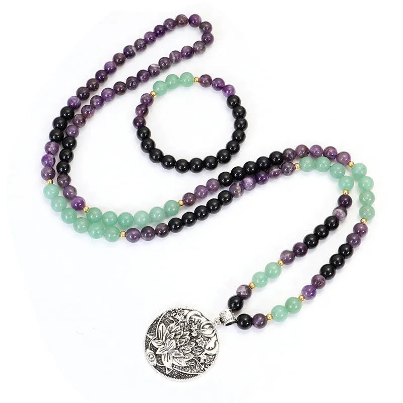 Yoga lotus pendant necklace with matching bracelet, adjustable 51-80cm length, handmade stone beads