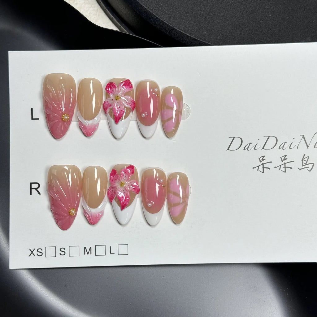 French style three-dimensional lily fluid ice flower nail art stickers in almond shaped plastic armour