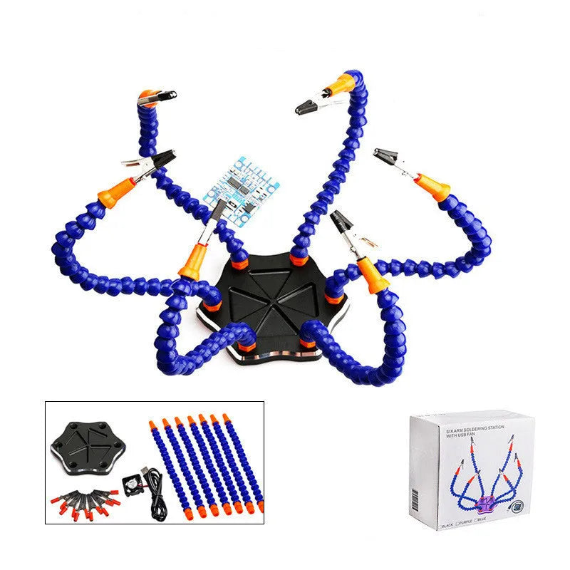 Black and purple six-claw aluminium alloy welding station with multiple adjustable arms for model soldering.