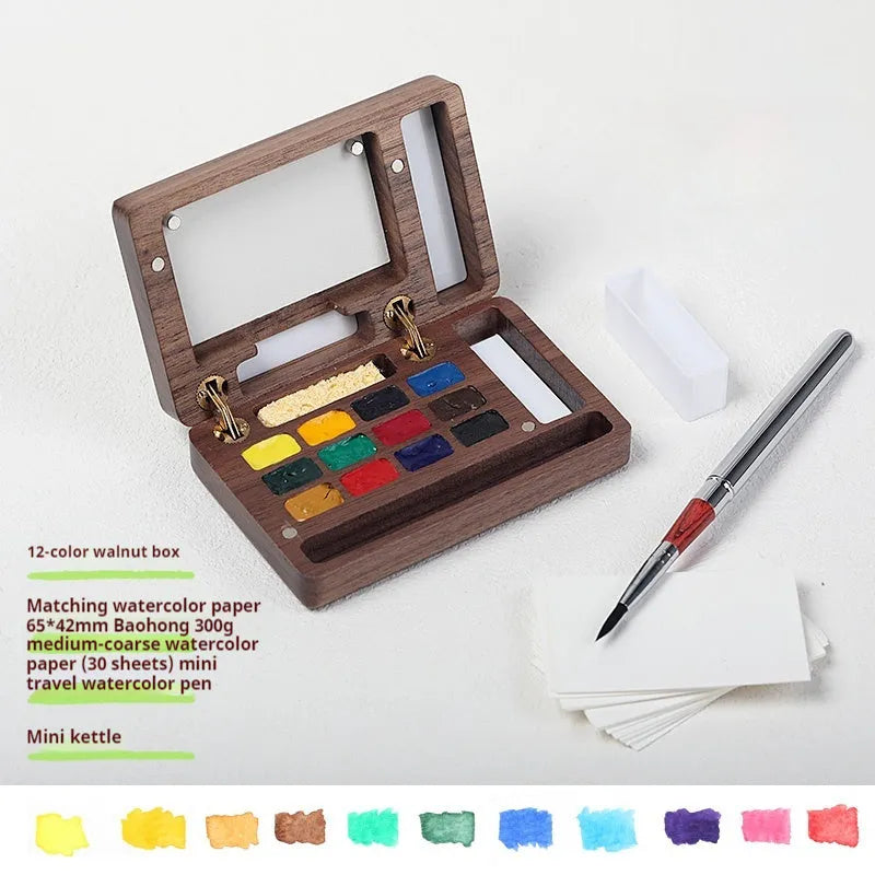 Mini walnut wood watercolour paint box with portable pigment suit storage case