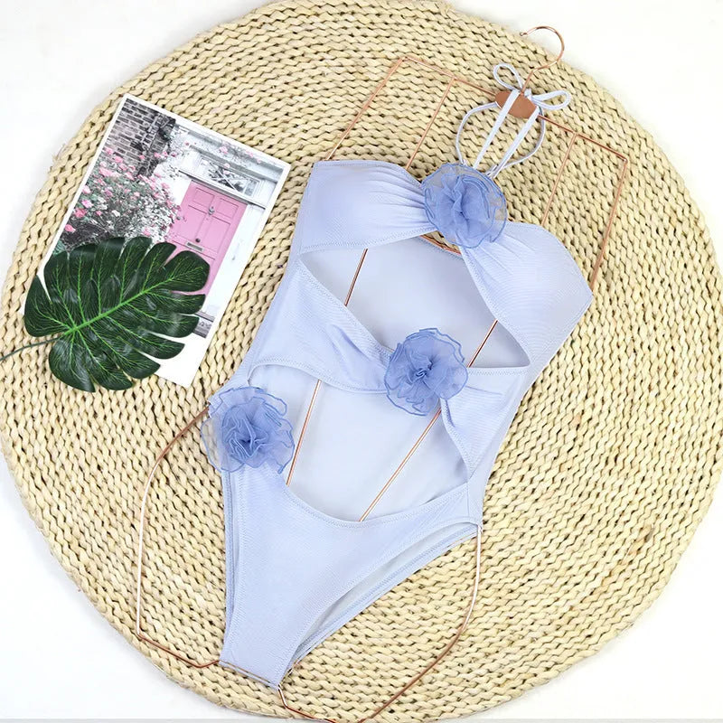 Women's black and blue striped 3D flower one-piece nylon swimsuit for sports
