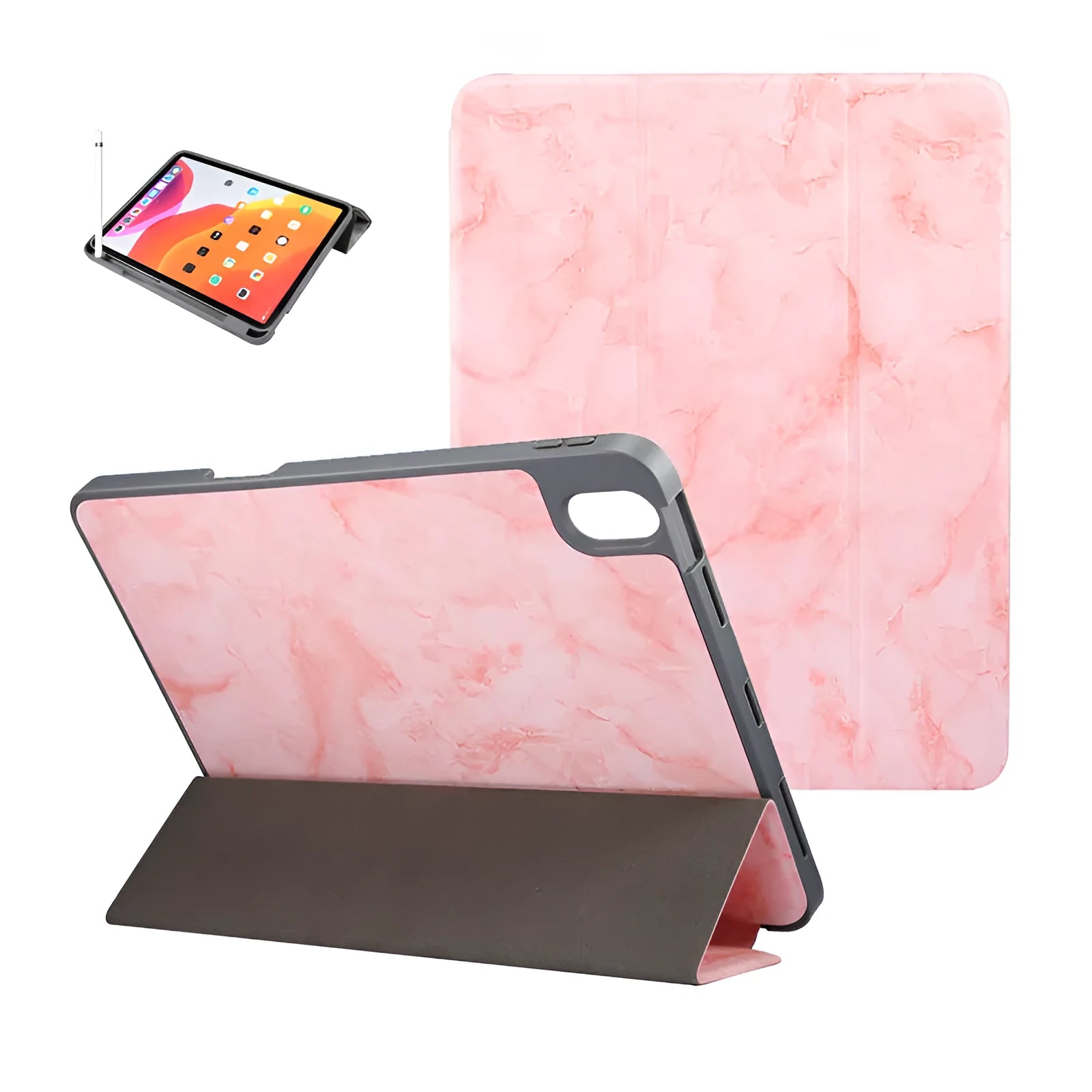 Tri-fold imitation leather iPad case with marbling pattern and integrated Apple Pencil slot.