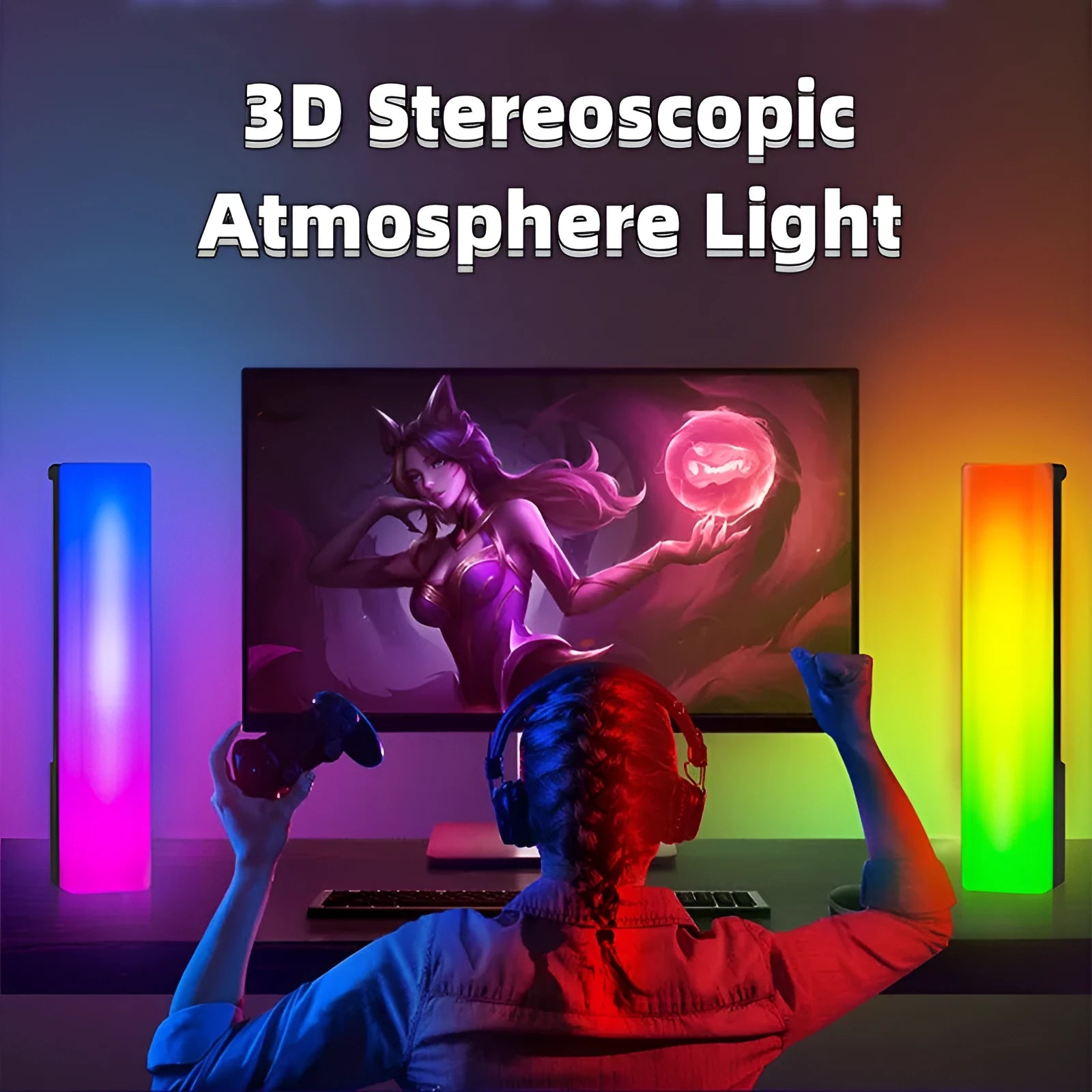 3D RGB music-activated ambiance lamp in black shell on tabletop