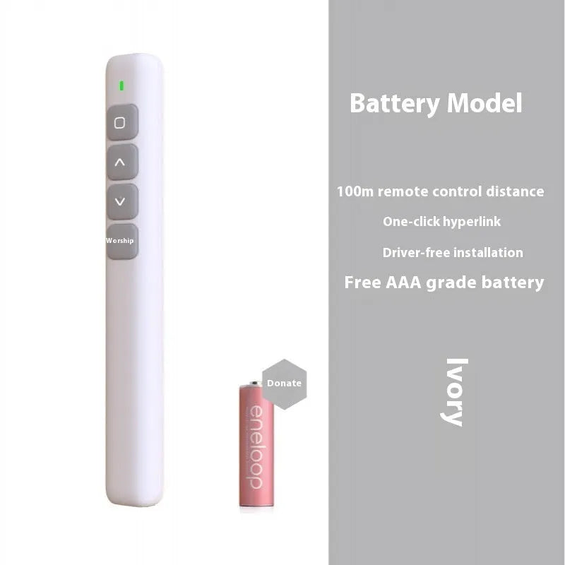A whiteboard and presentation remote control pen in black, with a USB charging cable.