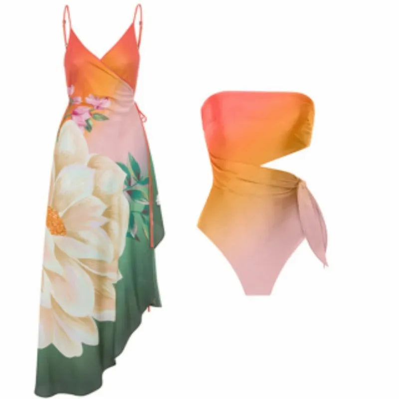 Women's retro print one-piece swimsuit in polyester fabric with quick-drying properties