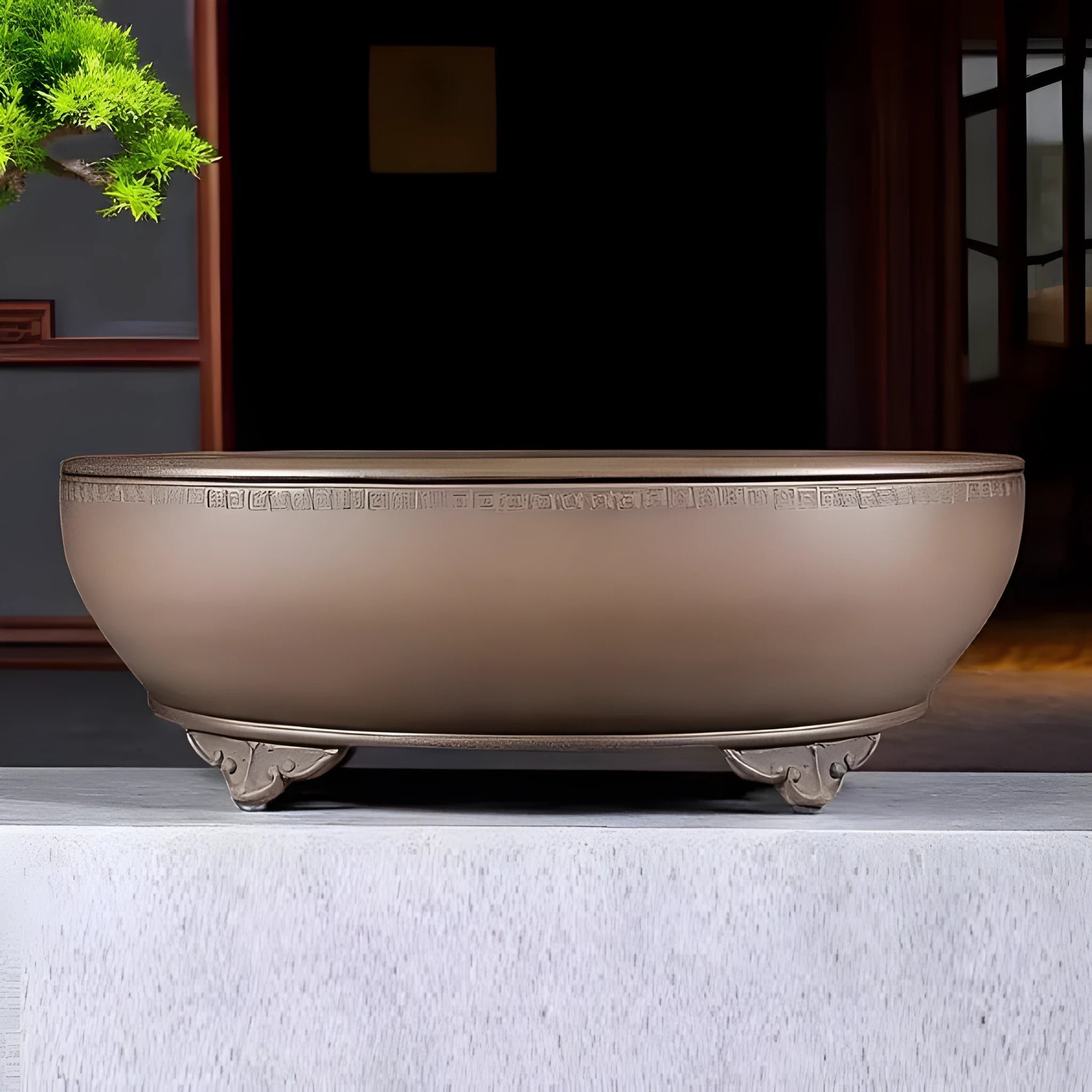 Handmade oval purple sand flowerpot with black mud green decoration measuring 50x39.5x16cm