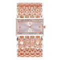 Women's steel band watch with square dial, Roman numerals, rhinestone details, and spiral crown in gold finish