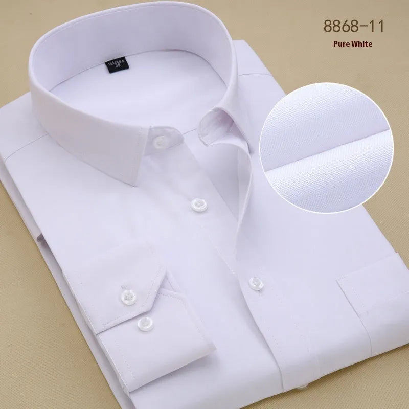 Men's black slim fit long sleeve cotton business shirt with cardigan style on a hanger.