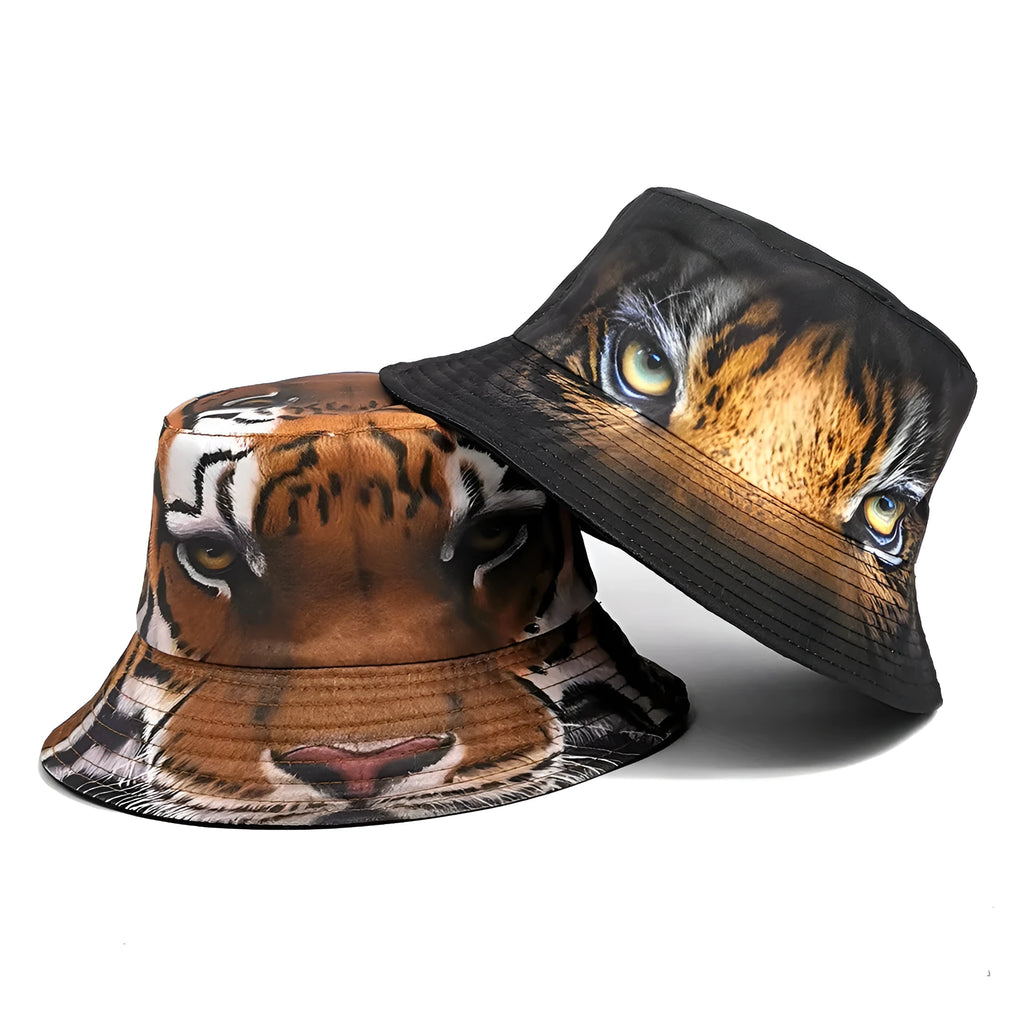 Khaki tiger pattern bucket hat with dome crown on a neutral background