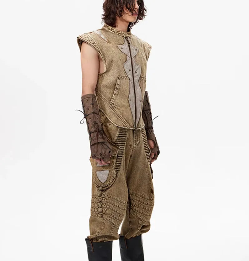 Summer Dark Knight pleated vest in cotton denim fabric, picture colour, front view