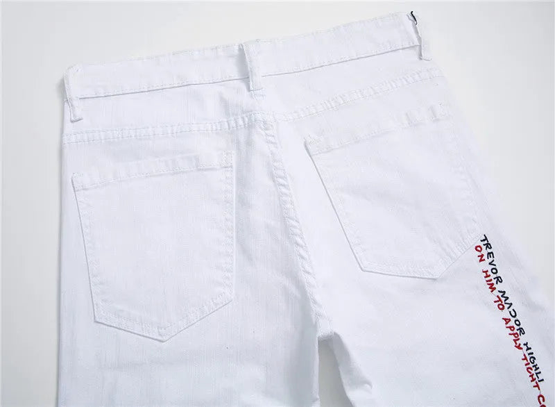 White shredded embroidery jeans for women cotton denim straight leg ankle length high waist distressed pants