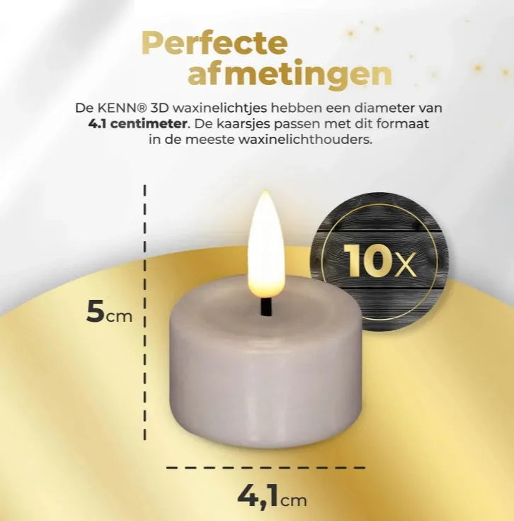 Four taupe-coloured S10 3D flame LED tealight candles showing realistic flickering effect