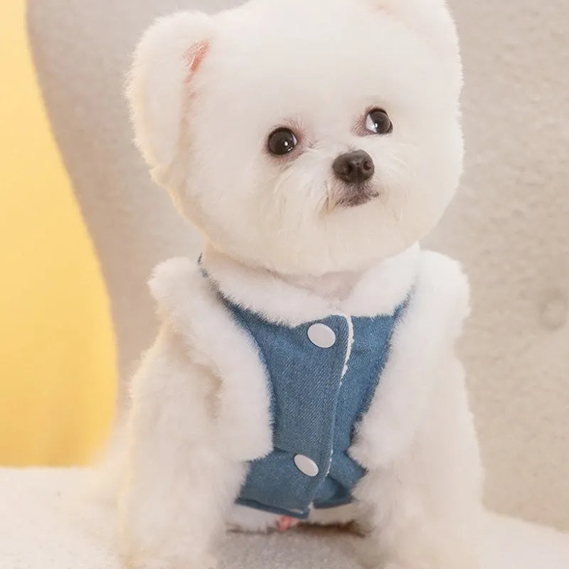 Denim dog vest with white wool lining, embroidered teddy bear patches, wooden buttons, and metal D-ring on blue background