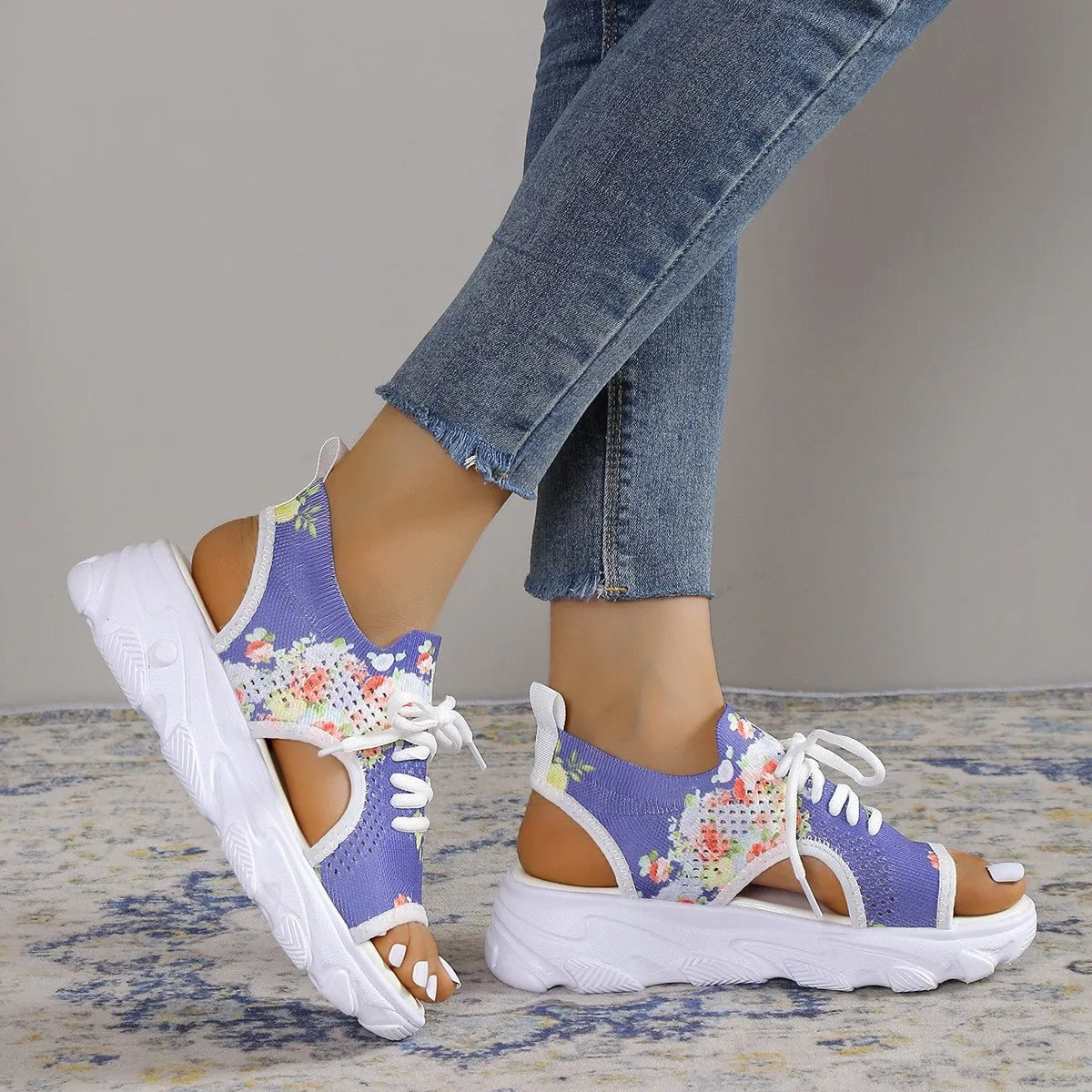 Print lace-up sports sandals with mesh upper, peep toe, hollow back, and rubber sole in summer casual style