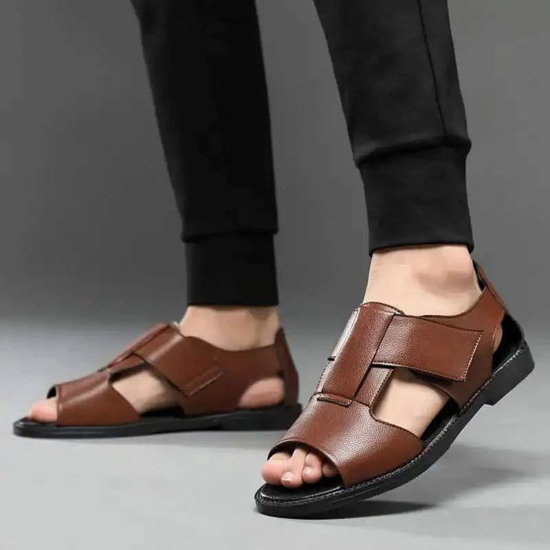 Men's black leather casual sandals with open toe and rubber sole on a white background