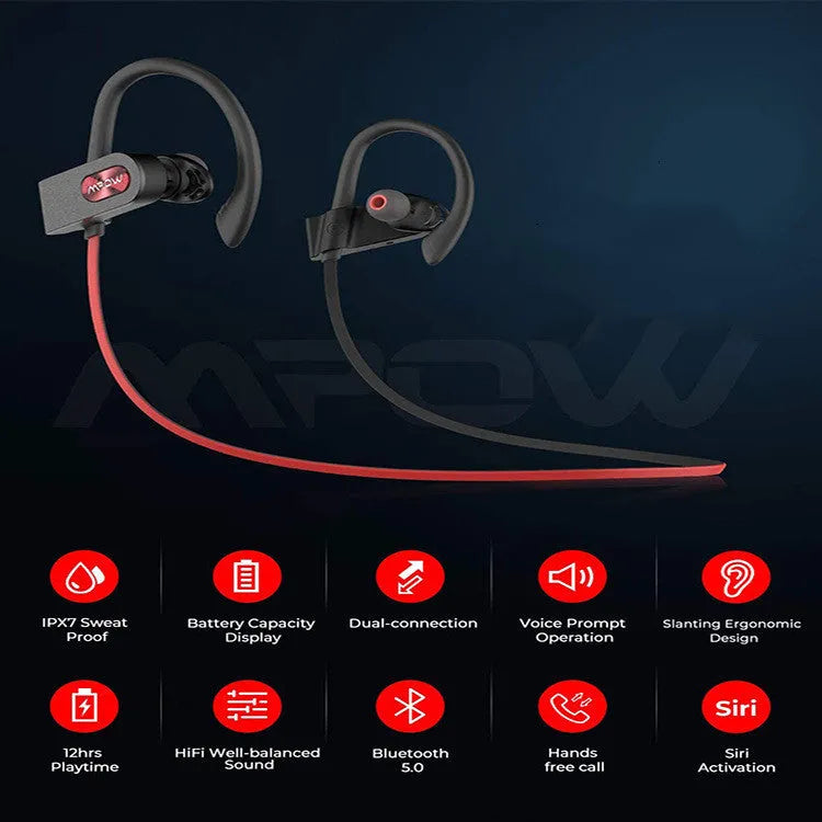 Red hanging ear Bluetooth wireless headset with bilateral stereo design