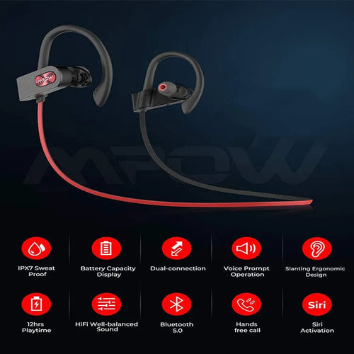 Red hanging ear Bluetooth wireless headset with bilateral stereo design