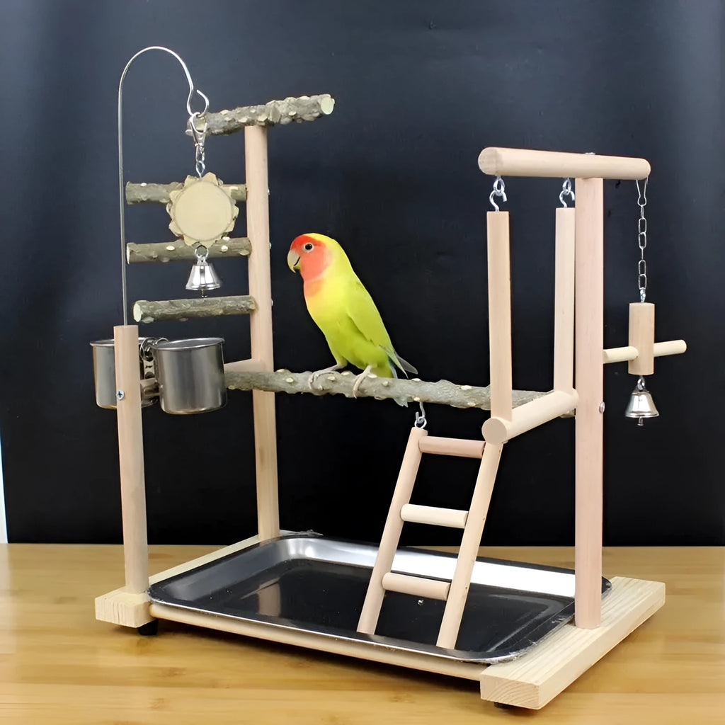 Natural pepper wood parrot play stand with multiple perches and an attached toy rack.