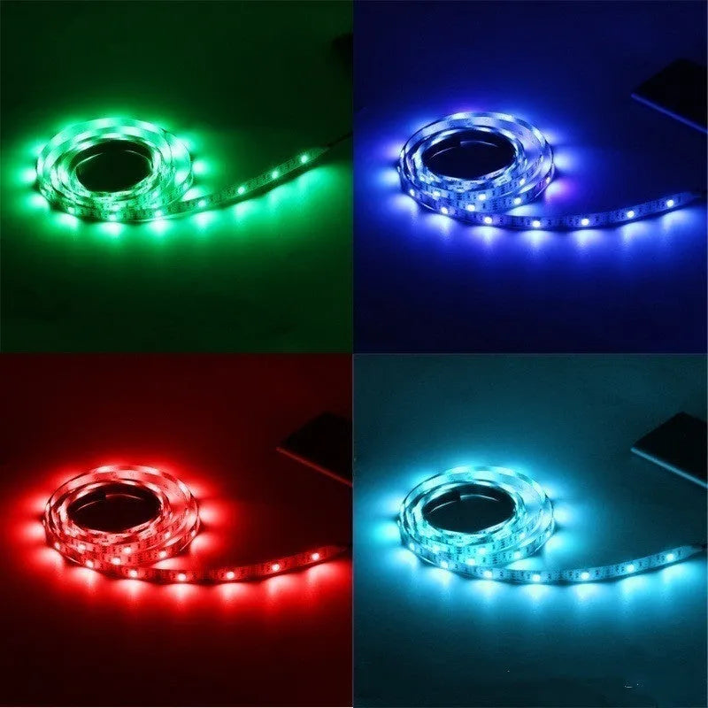 1 metre long USB LED light strip with attached cable, available in six colour options including white, blue, and red.