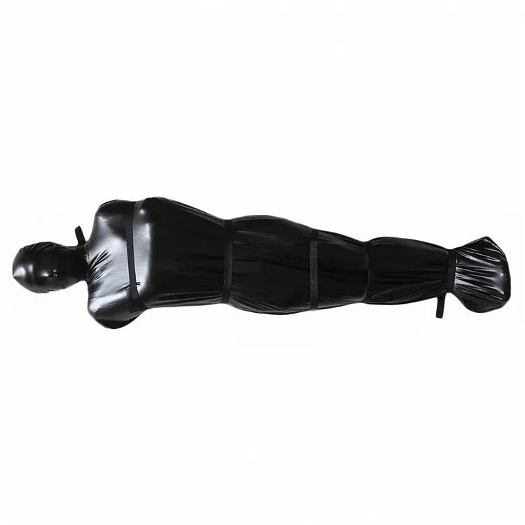 Black patent leather bondage set showing full-coverage body wrap and six ratchet tie-down straps