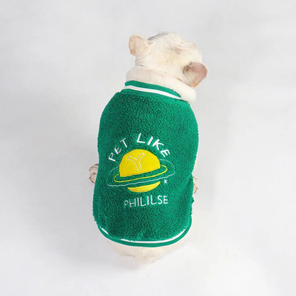 Green fleece-lined dog jumper coat for winter warmth in large to extra-extra-large sizes