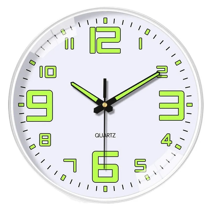 Modern 8 inch luminous wall clock with 20cm diameter white dial on a plastic casing.