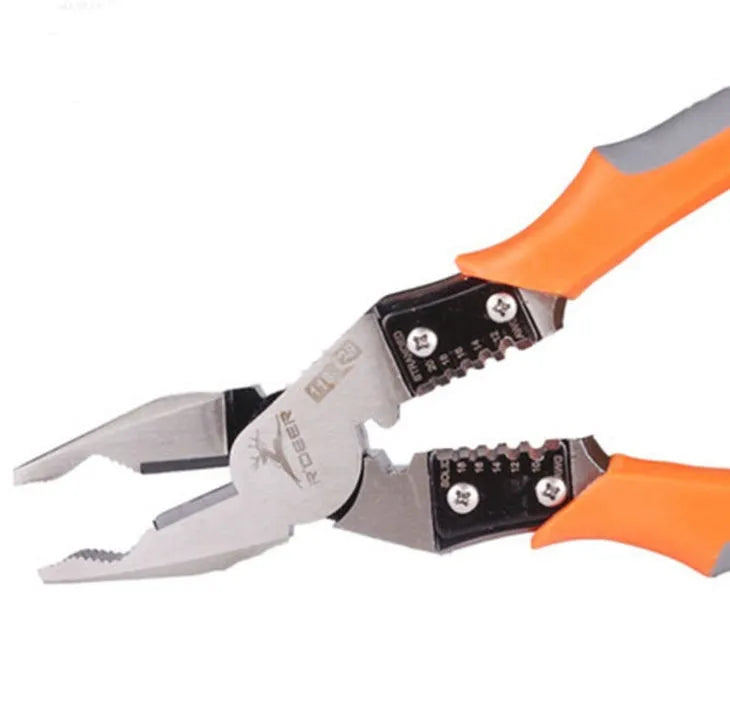 Orange handled multi-function wire cutter pliers with forged steel jaws on a workbench.