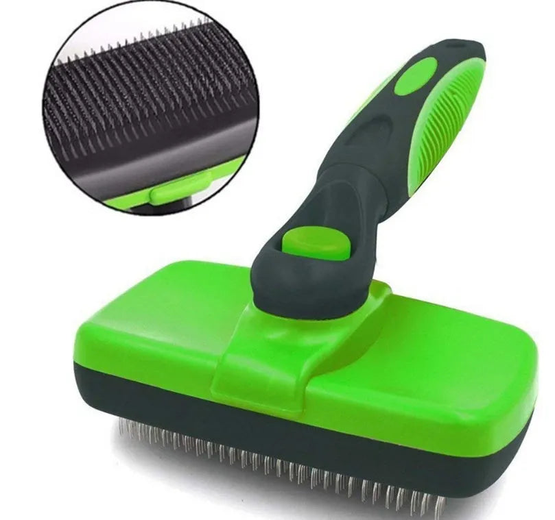 Pet self-cleaning slicker brush with stainless steel needles and TPR handle, green colour