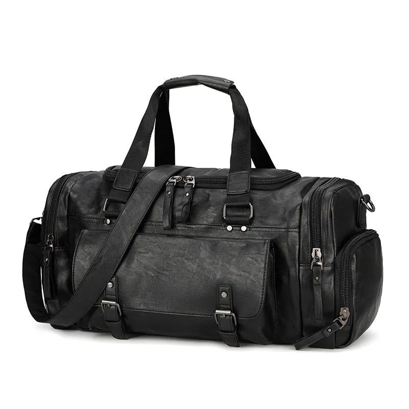 Large black travel bag with dual shoulder straps and a separate internal shoe compartment.