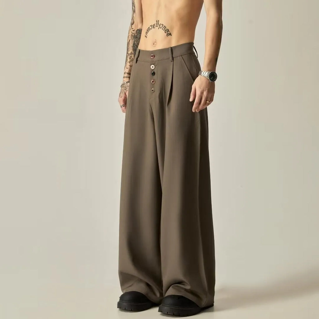 Men's vertical tube wide-leg trousers in solid colour with mid-waist design