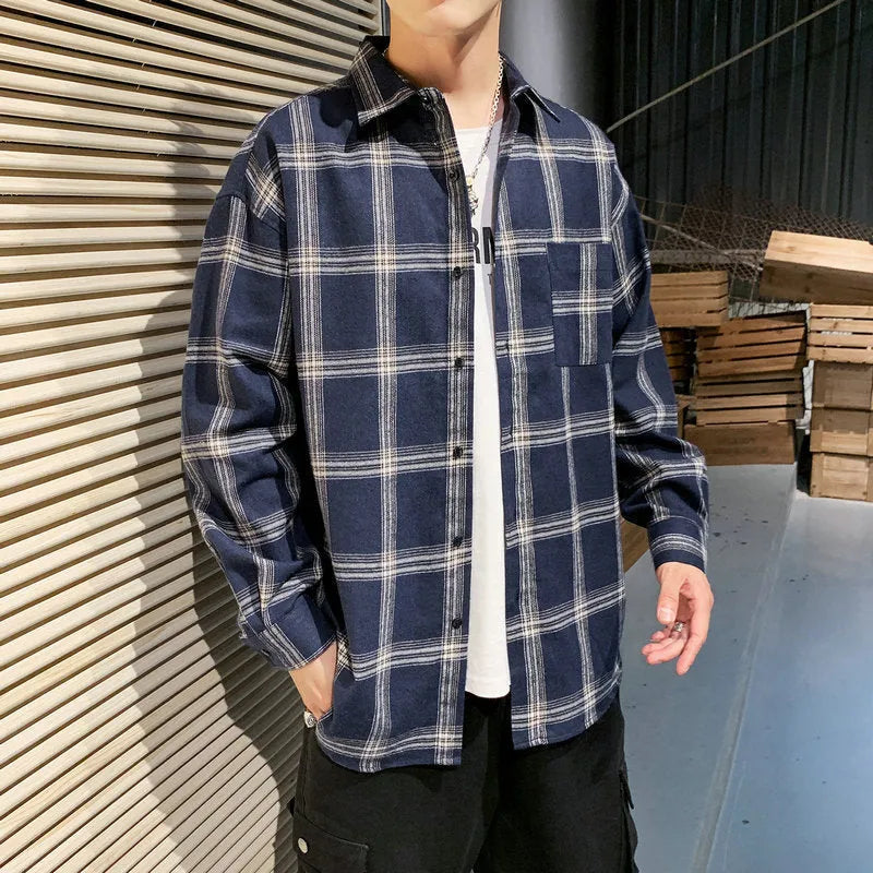 Men's loose fit plaid shirt with long sleeves in polyester fibre, available in black