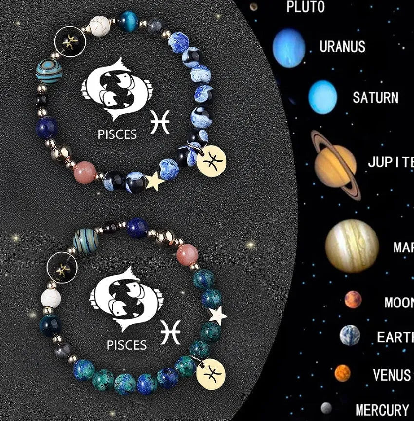Set of twelve beaded bracelets for each zodiac sign with natural stone and crystal beads.