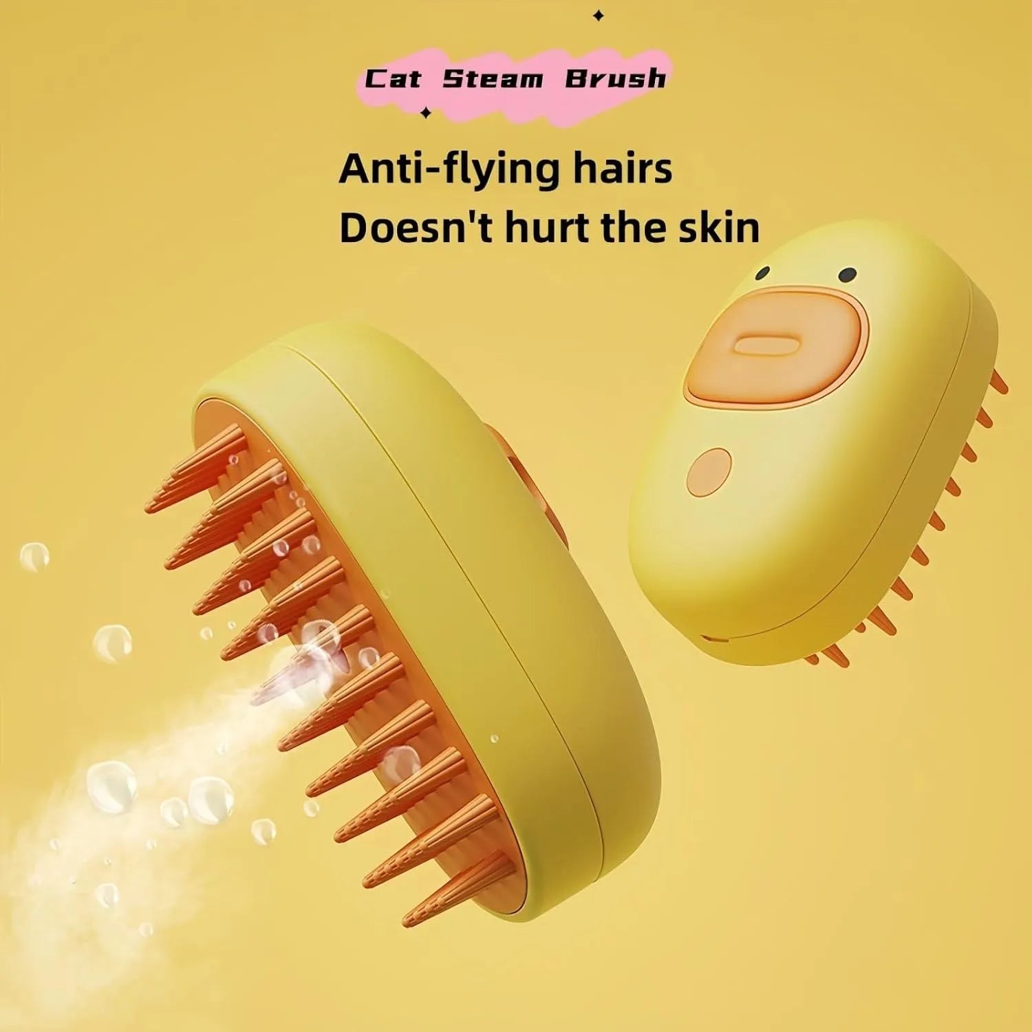 White rechargeable pet steam brush with silicone comb teeth for grooming dogs and cats.