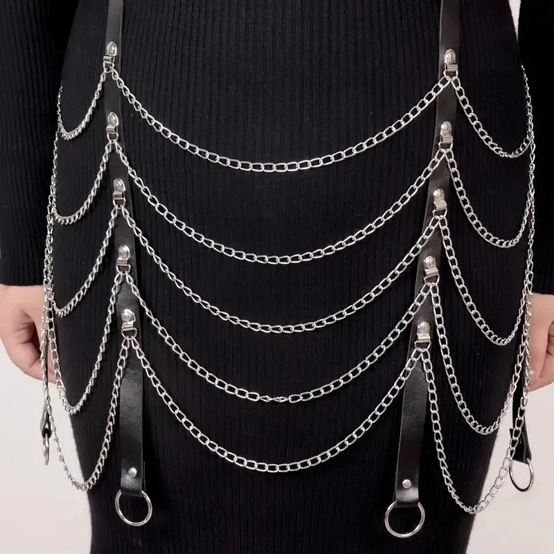 Black PU leather adjustable waist chain with bandage binding for women's festival and clubwear