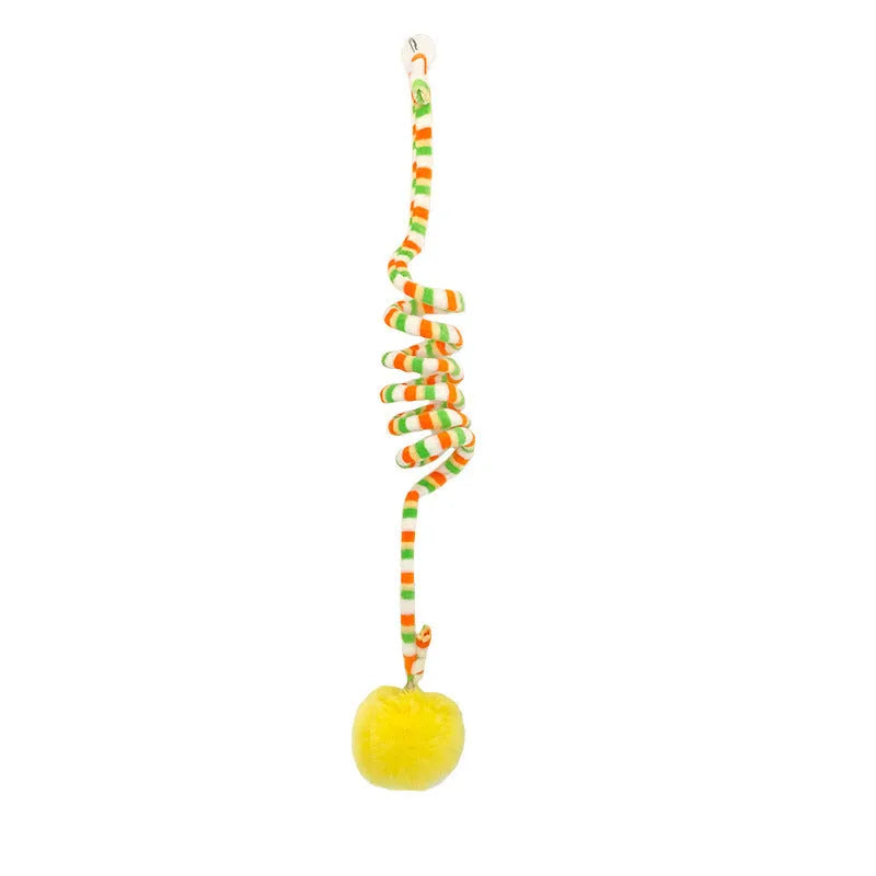 Colourful spring cat toy with hanging bell stick and inflatable ball, shown with a white suction cup.