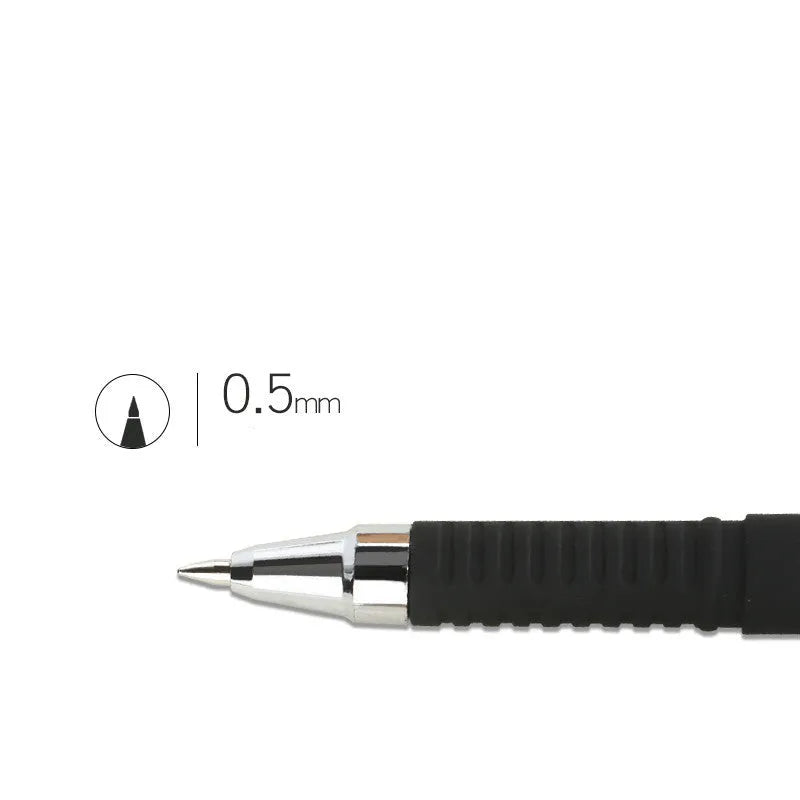 8-pack of black gel pens with snap-on caps, showing needle tip and bullet tip options.