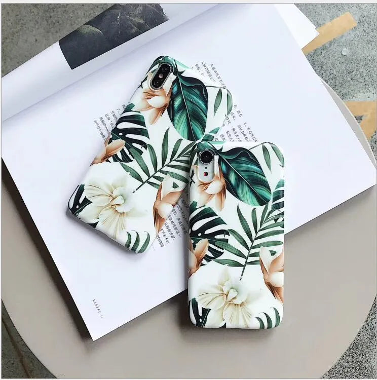 Floral banana leaf art soft TPU phone case for iPhone on white background