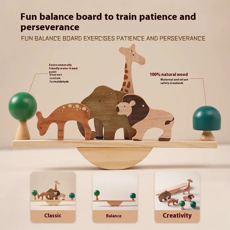 Children's solid wood forest balance seesaw toy set with coloured building blocks and threading animal figures