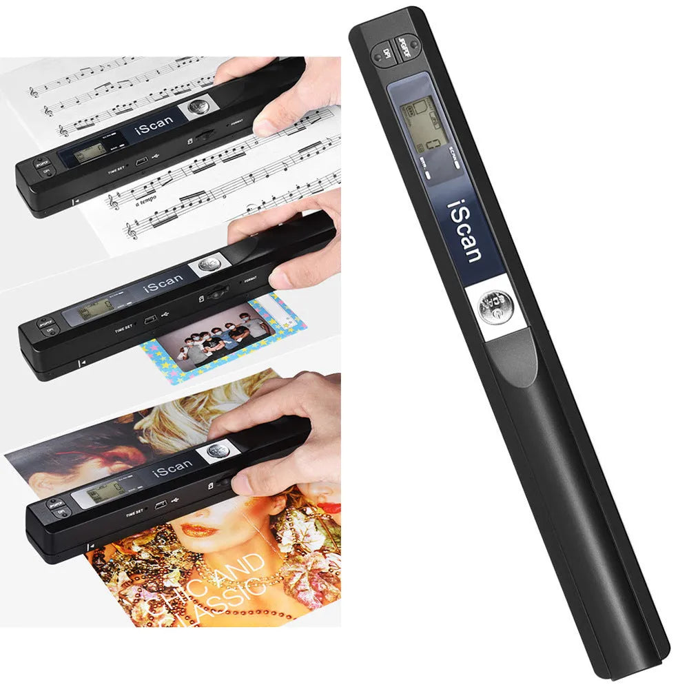 A handheld plastic barcode scanner shown in five colour options: black, blue, green, red, and silver.