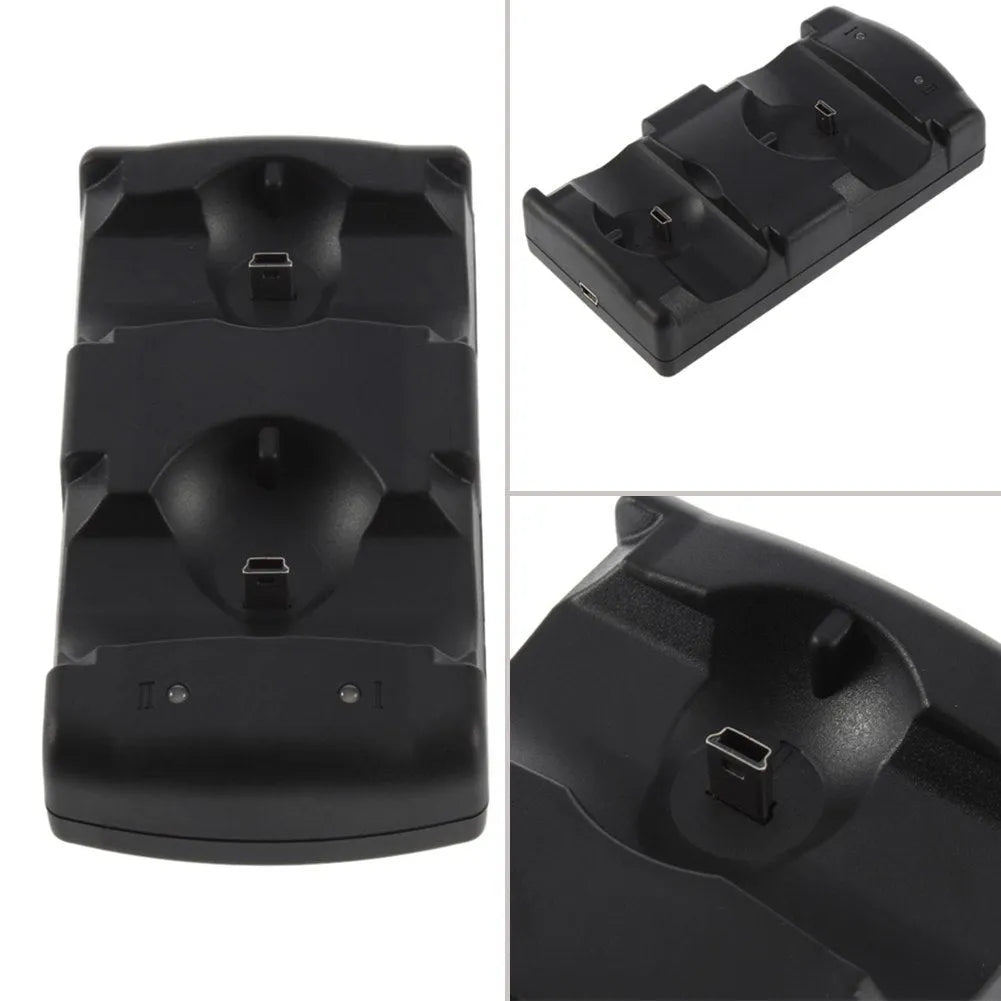 Black PS3 dual controller charging dock with two ports and a USB cable.
