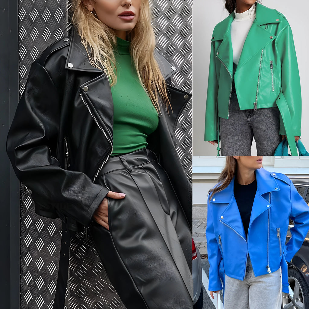 A black punk-style jacket with a lapel, short belt, and Peter Pan collar on a hanger.
