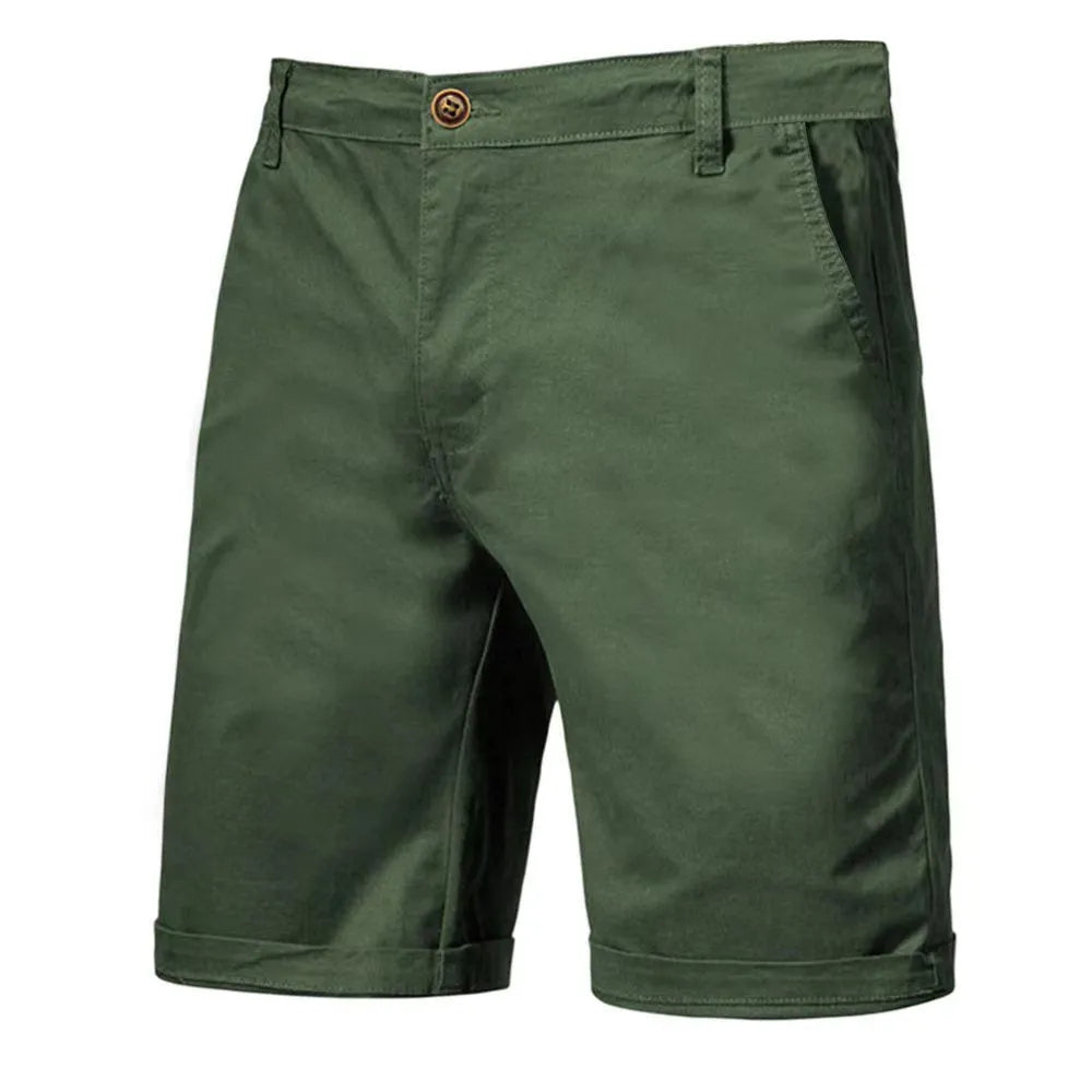 Straight-leg cotton camping shorts in khaki, with zip placket and mid waist, for teenage outdoor leisure