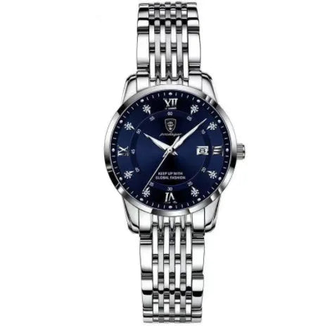 Men's quartz watch with 43mm round dial, sapphire crystal, stainless steel strap, blue face, luminous hands and calendar display