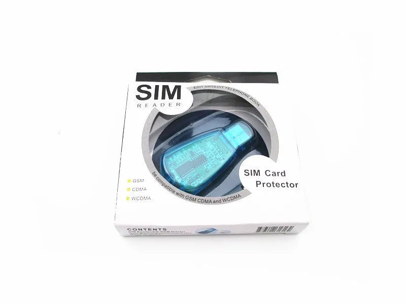 Blue coloured USB SIM card reader for mobile phone data transfer and backup.
