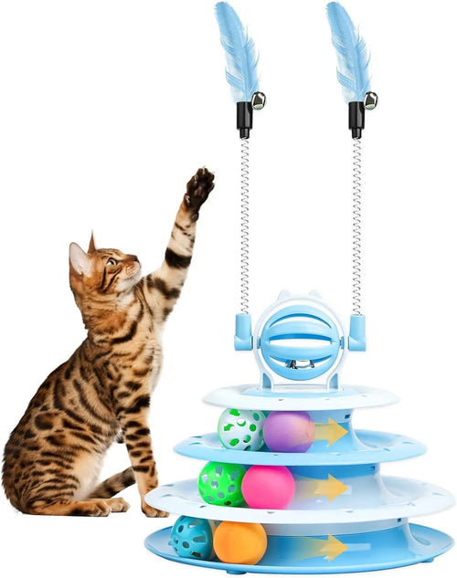 Blue 4-tier interactive cat puzzle toy with balls and teasing rods on a table.