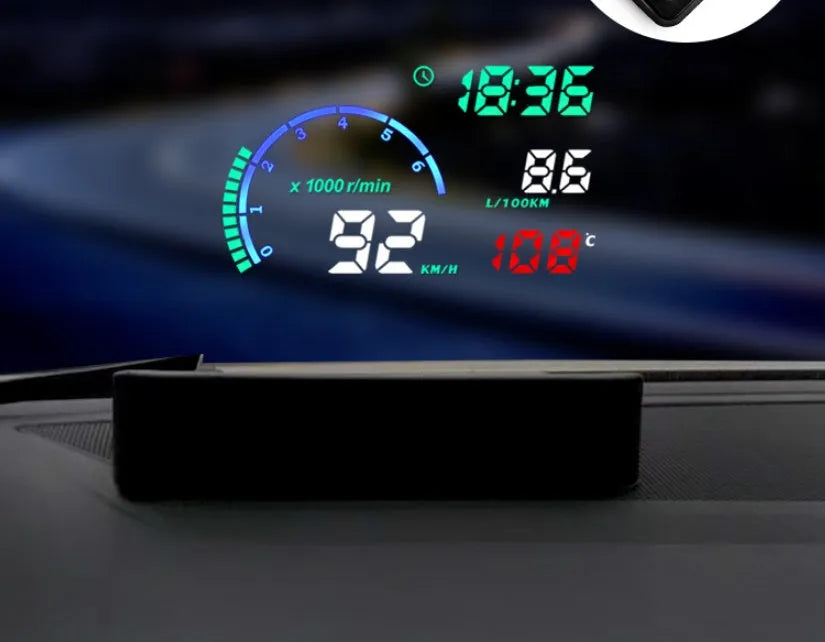 New i9 head up display with 5.5 inch aviation LED screen in black, showing speed and fuel data on a car dashboard